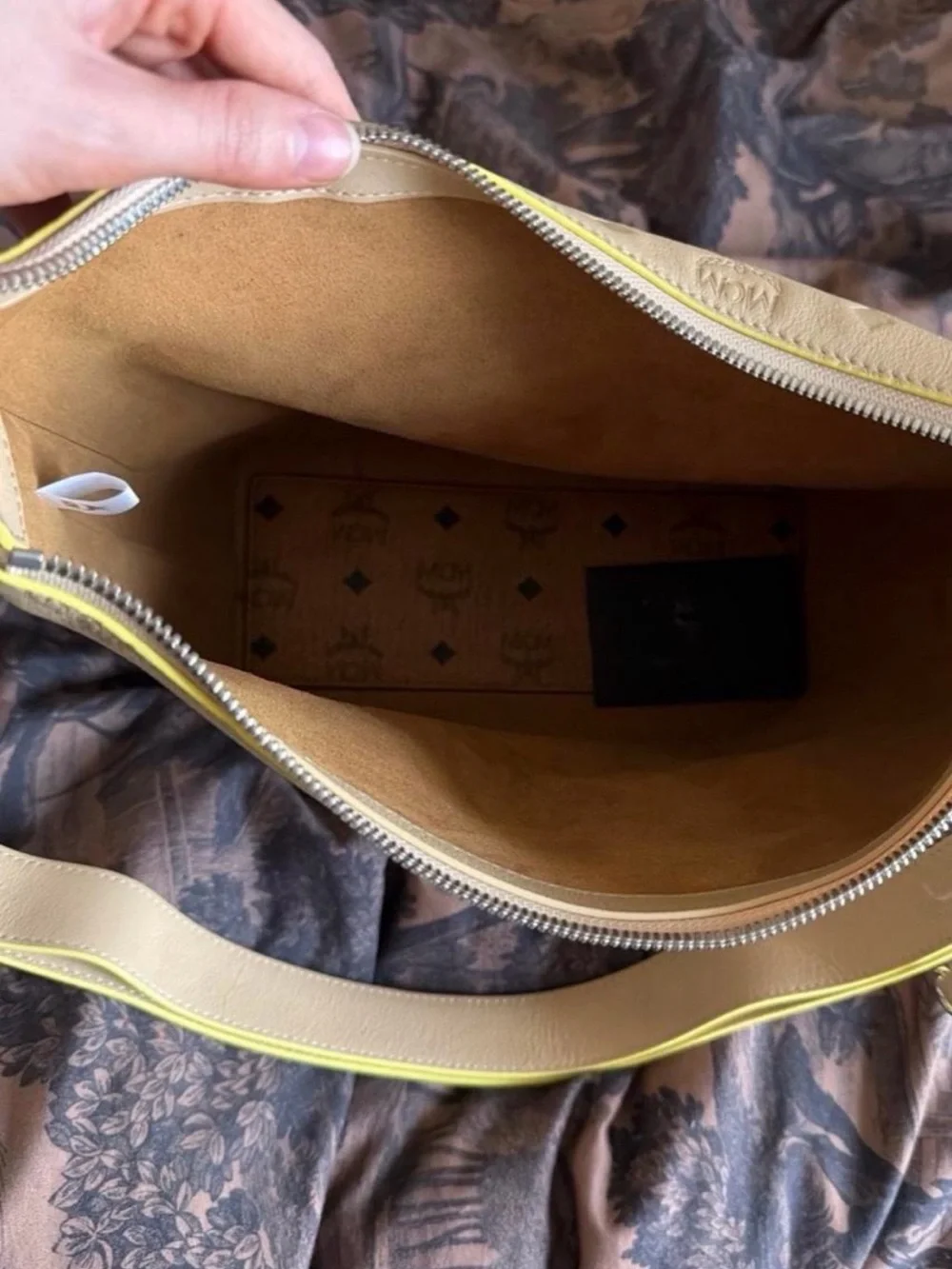 MCM Beige Leather Hobo Bag with Neon Trim